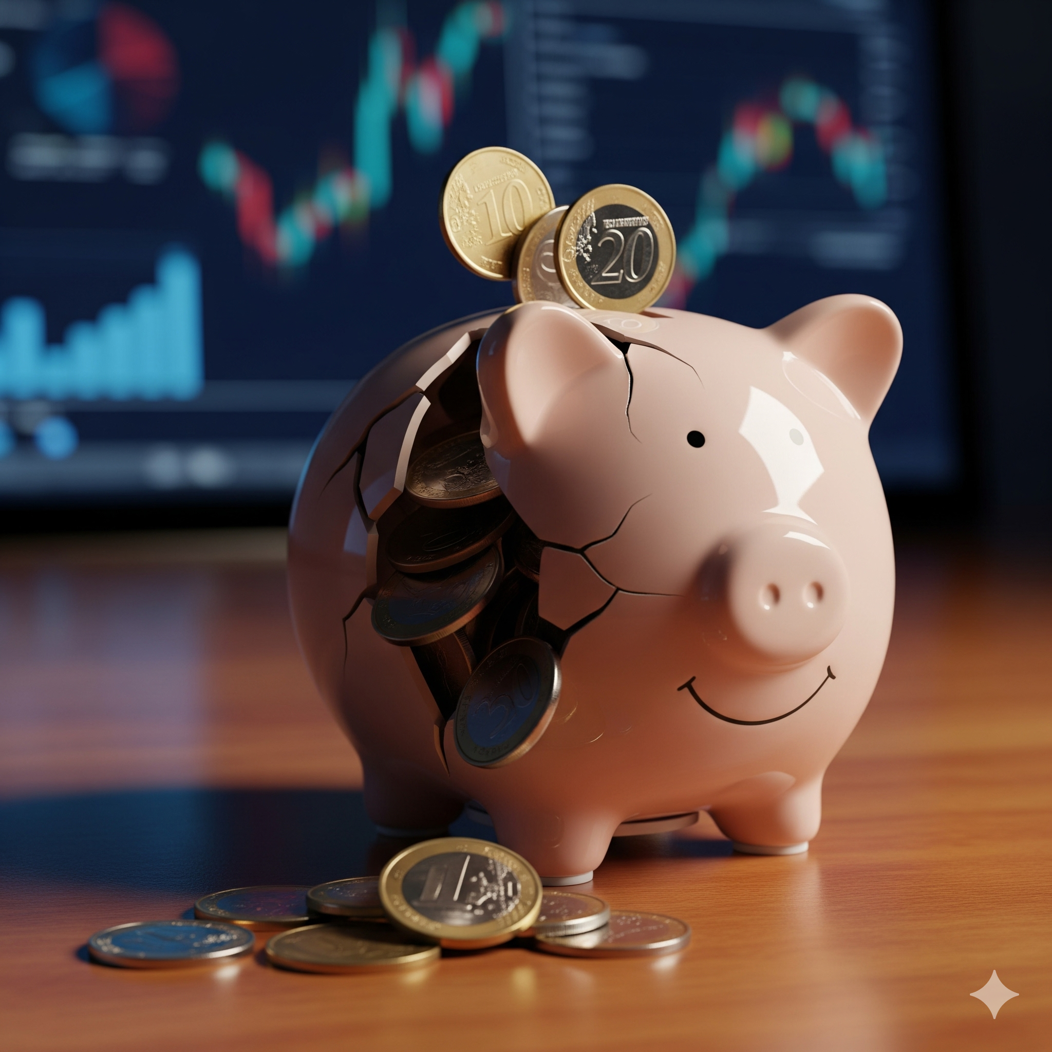 깨진 돼지 저금통에서 돈이 새는 이미지, 주식 앱의 숨겨진 수수료를 상징