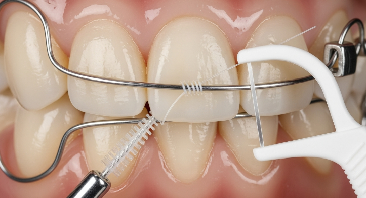 아래 앞니 안쪽에 부착된 고정식 유지장치(와이어)와 슈퍼 플로스를 이용해 와이어 아래를 청소하는 모습. 치석 제거를 위한 올바른 구강 관리법을 보여줍니다.
