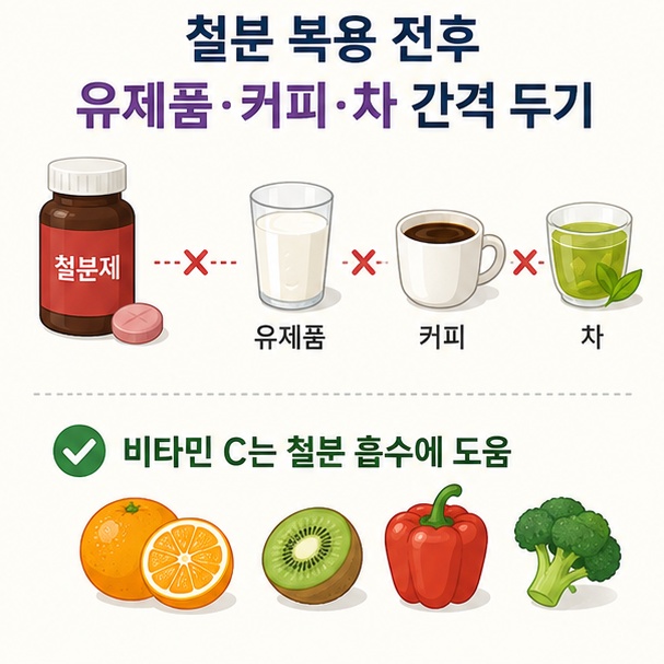 철분 복용 전후 우유와 유제품, 커피와 차는 시간 간격을 두고 비타민 C는 철분 흡수에 도움을 줄 수 있음을 설명한 이미지