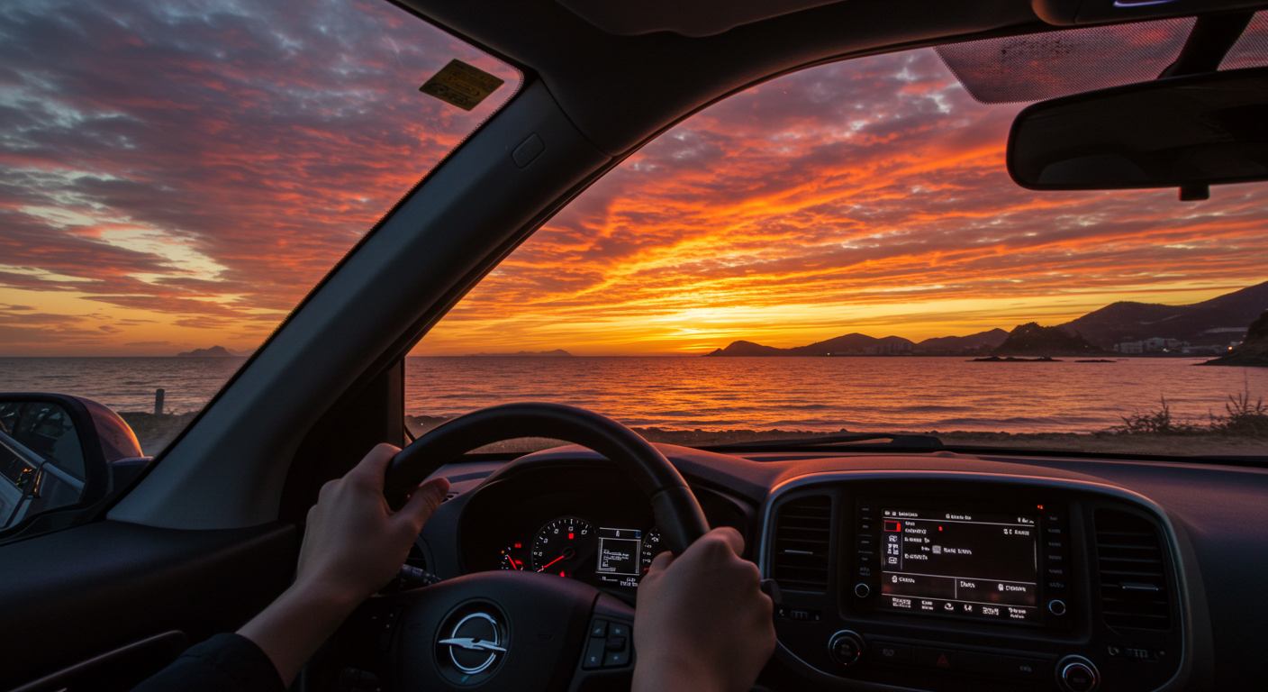 운전대 위에 놓인 손과 창밖으로 보이는 강원도 해변의 노을.