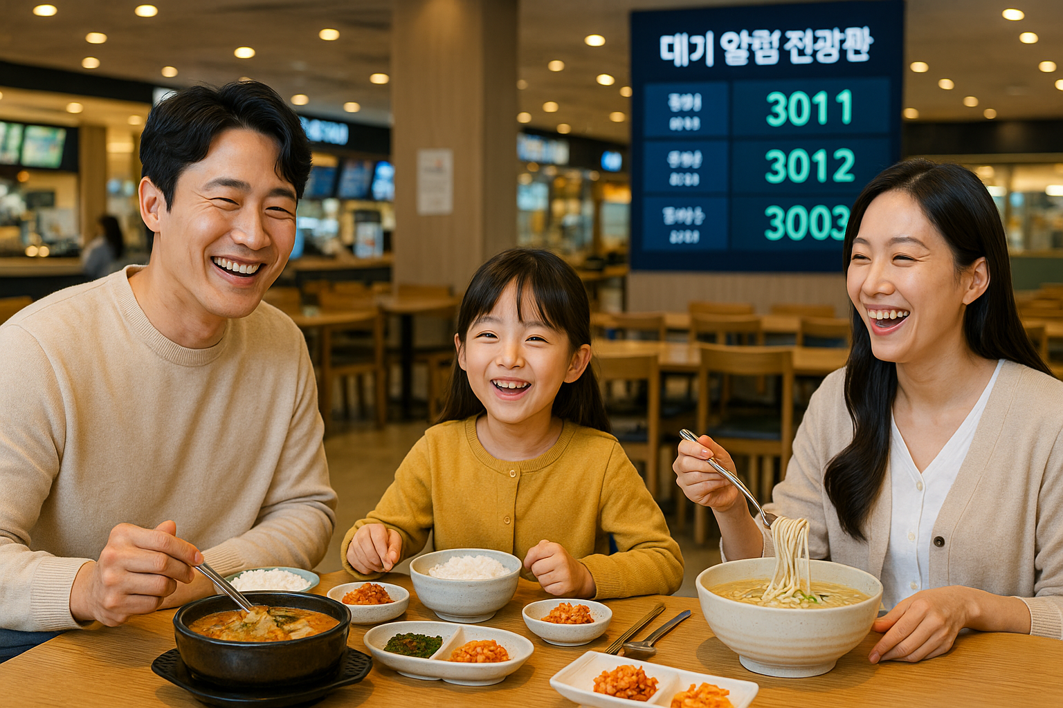 고속도로 휴게소에서 식사하는 가족