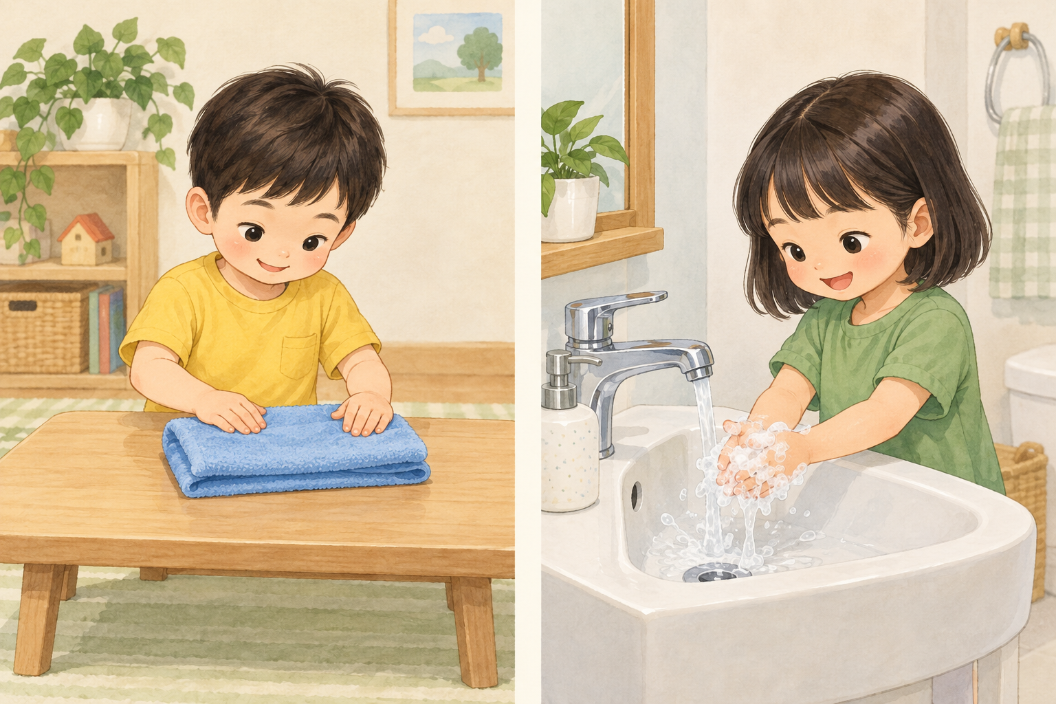 왼쪽은 마른 탁자에서 수건을 접는 아이, 오른쪽은 세면대에서 손을 씻는 아이
