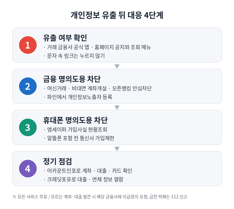 유출 여부 확인, 금융 명의도용 차단, 휴대폰 명의도용 차단, 계좌와 대출 정기 점검으로 이어지는 개인정보 유출 대응 4단계 순서도
