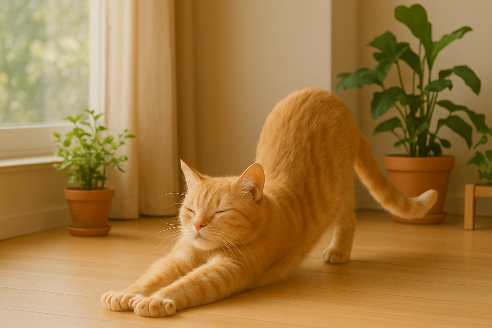 햇살 가득한 실내에서 기지개를 켜는 오렌지색 고양이