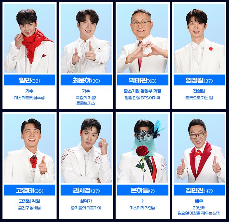 미스터트롯3 참가자 일민, 최윤하, 박태관, 임정길, 고영태, 권서경, 은하늘, 김민진의 사진과 직업 및 특징이 적혀있다.