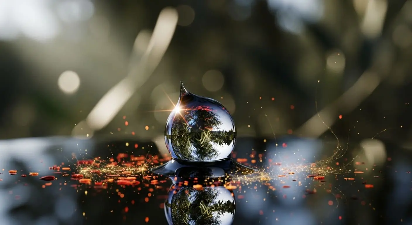 올리브 오일 방울이 매운맛을 시각적으로 암시하는 빛과 함께 어두운 표면에 놓여 있는 모습.