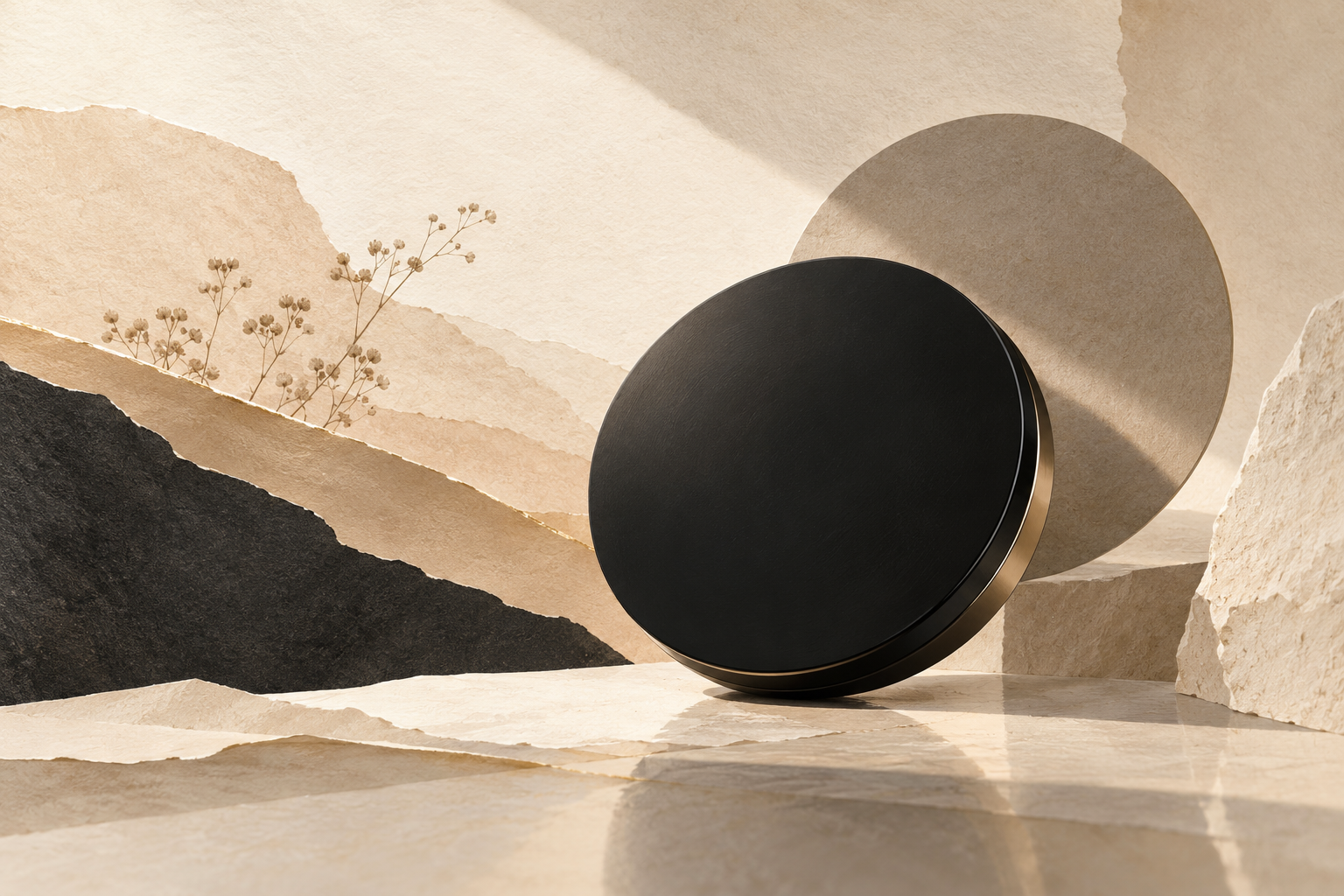 A conceptual black circular compact-like object against layered cream, beige and charcoal paper forms, with a soft reflection and dry botanical stems.