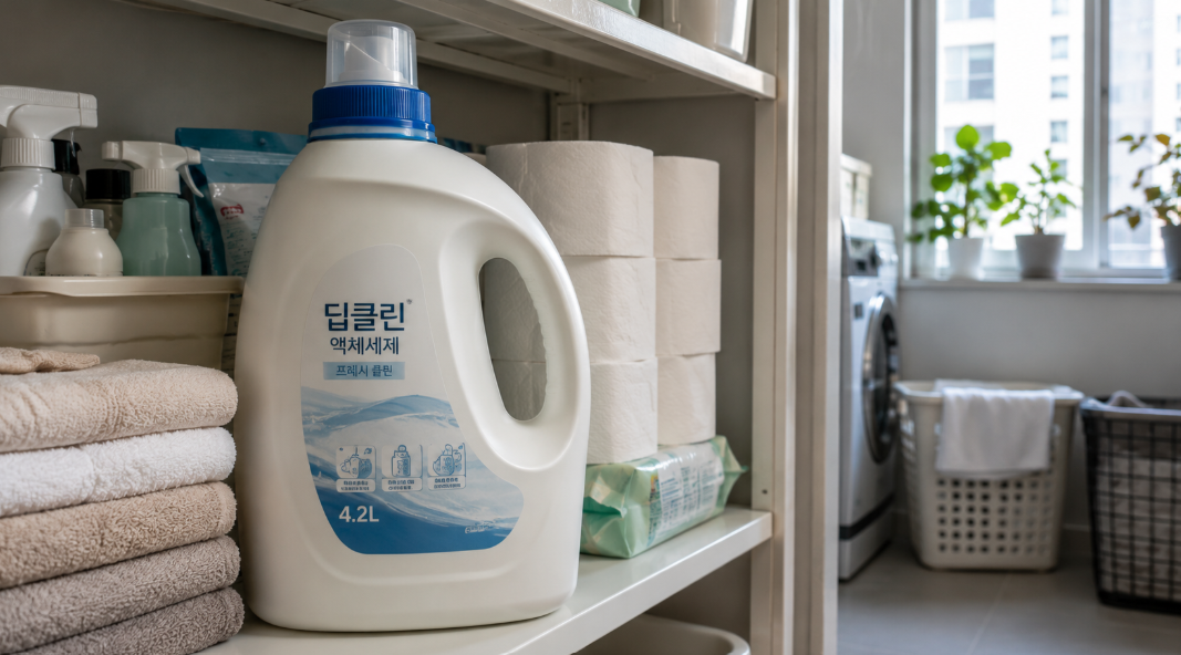 대용량 세제를 작은 다용도실에 보관하는 모습