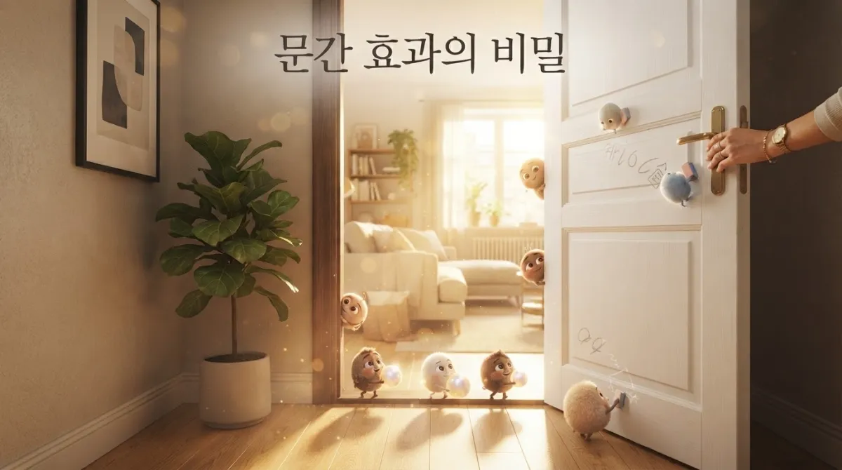 문간을 넘으면 발생하는 단기 기억 초기화 현상을 상징적으로 보여주는 화사한 햇살이 쏟아지는 집안의 열려 있는 방문과 통로 전경