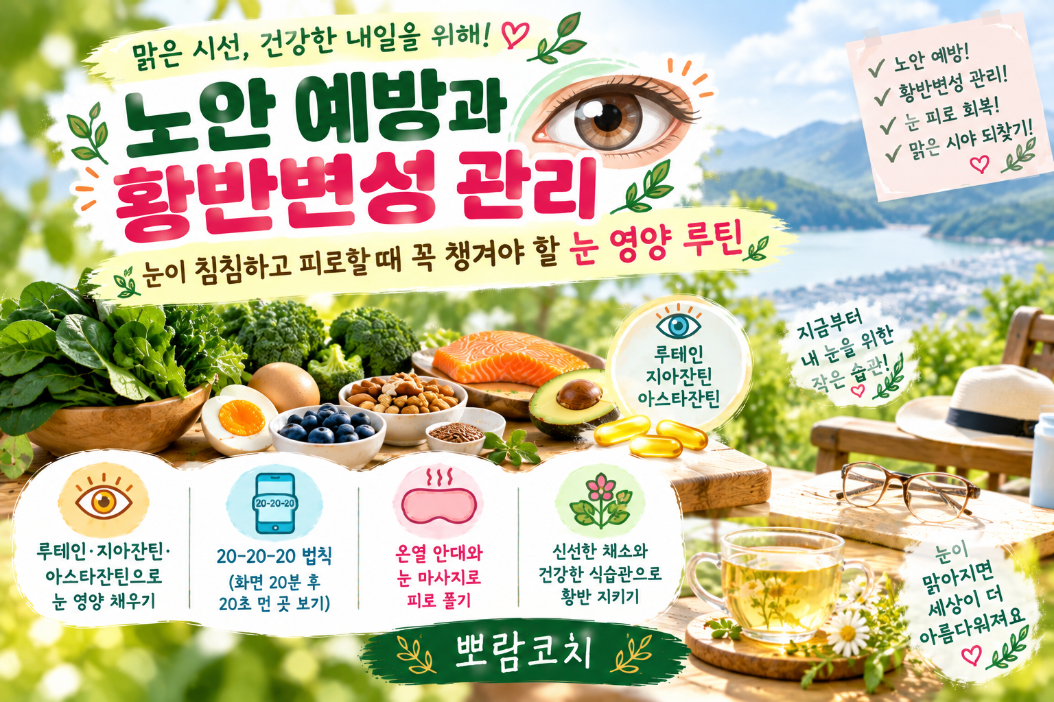 루테인이 풍부한 신선한 시금치, 케일, 계란 노른자가 차려진 눈 건강 식탁