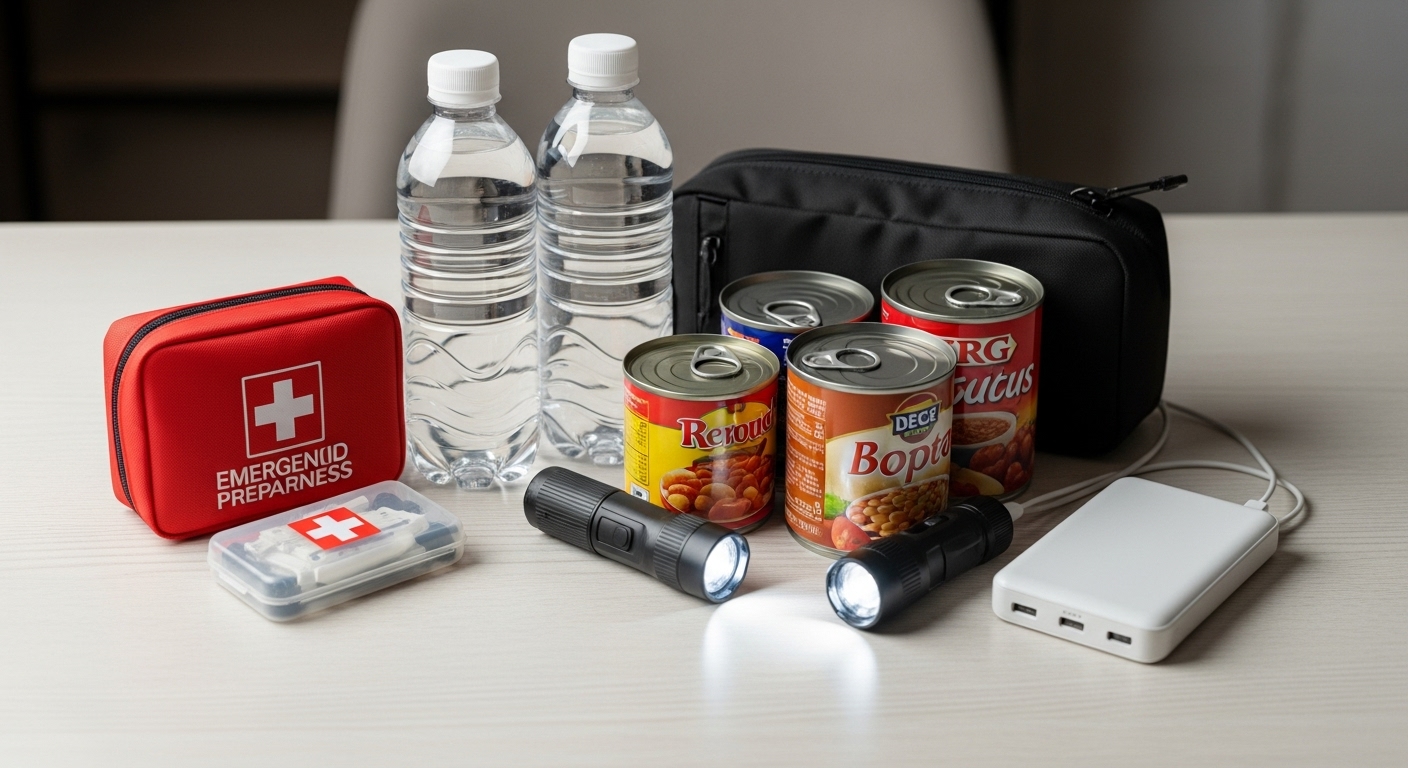응급처치 키트, 생수, 비상식량, 손전등, 보조배터리 등이 깔끔하게 정돈된 비상 대비 키트.