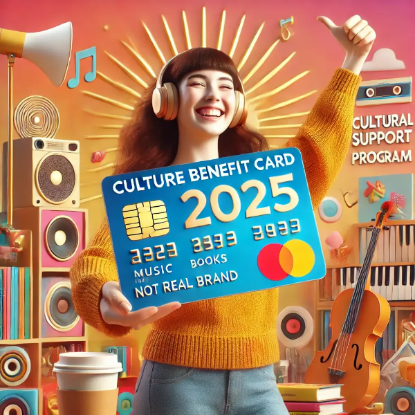 문화누리카드를 들고 음악, 책, 영화를 즐기는 사람, 2025년 문화지원 혜택 컨셉