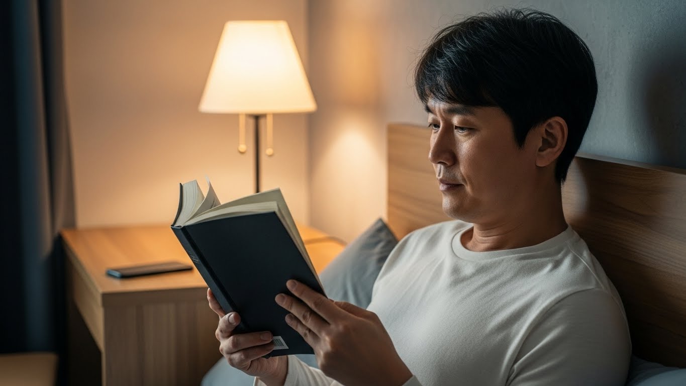 자기 전 스마트폰 대신 독서를 통해 뇌를 이완시키고 수면을 준비하는 한국인 남성