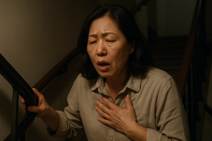 계단 오르며 숨이 차는 장면