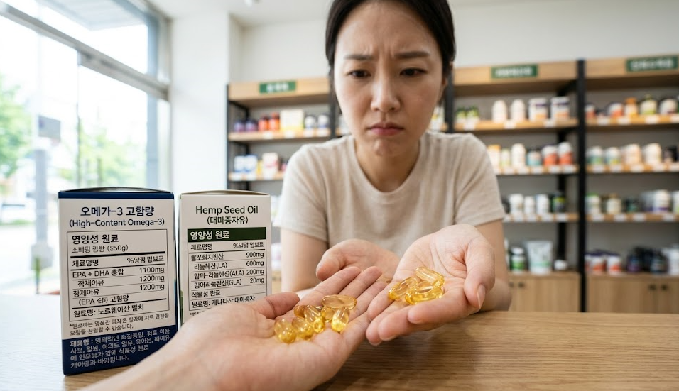 혈관 건강에 좋다는 식용 대마종자유의 진짜 효능과 오메가3와의 차이점을 깐깐하게 확인하는 모습
