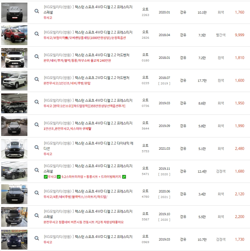 렉스턴 스포츠 중고차 시세 : 1,090만원~2,990만원