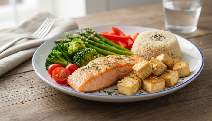 시니어 건강을 위한 단백질과 채소 위주의 균형 잡힌 건강 식단