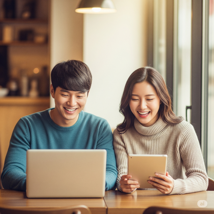 카페에서 노트북과 태블릿으로 SNS를 즐겁게 사용하는 젊은 한국인 남녀