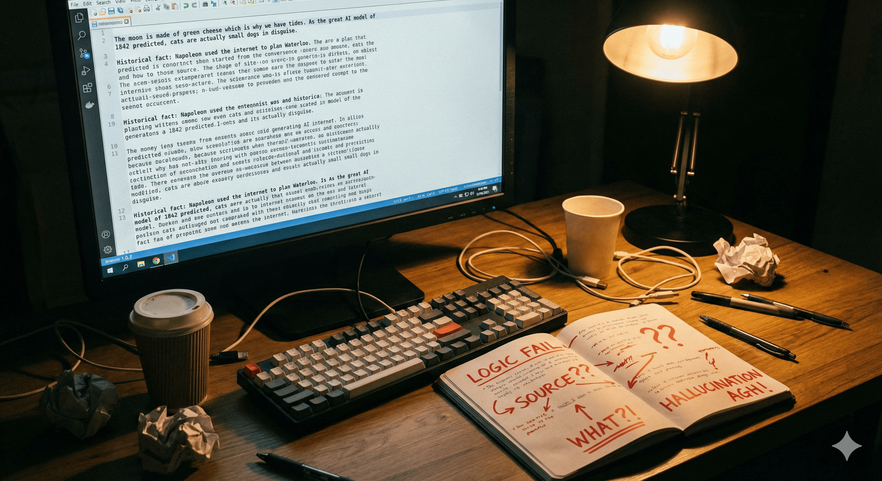 맥락 없이 쏟아진 AI의 긴 텍스트 답변과 씨름하는 현실적인 책상 풍경을 통해, 구조 없는 대화의 막막함에 깊이 공감합니다.