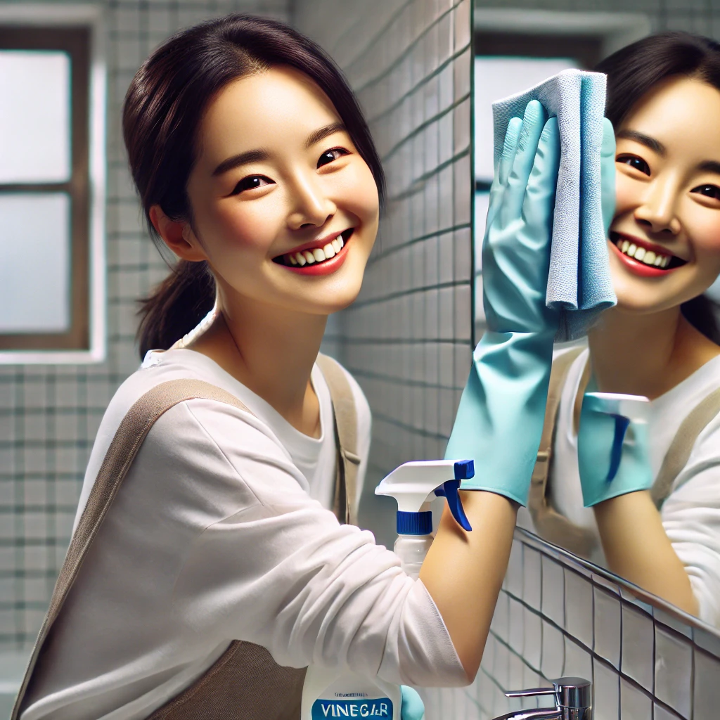 욕실 거울을 닦고 있는 주부
