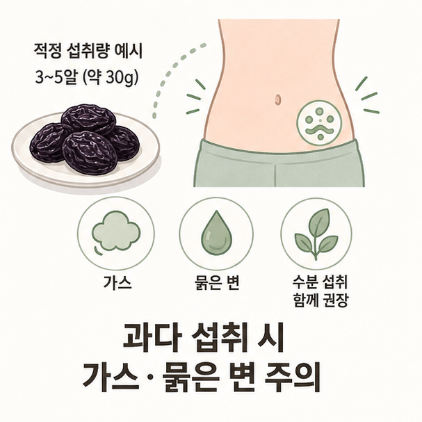 푸룬을 많이 먹을 때 가스와 묽은 변이 생길 수 있음을 안내하는 이미지