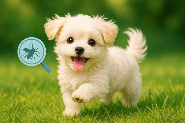푸른 공원에서 달리는 아기 강아지와 모기 모양이 표시된 돋보기 아이콘 — 심장사상충은 모기를 통해 감염