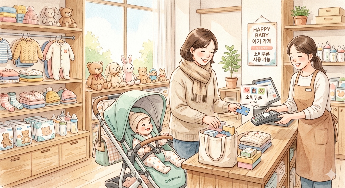 A young mother pays with a card at a baby product store while her infant sits in a stroller nearby, illustrating how to use government welfare coupons for childcare shopping.