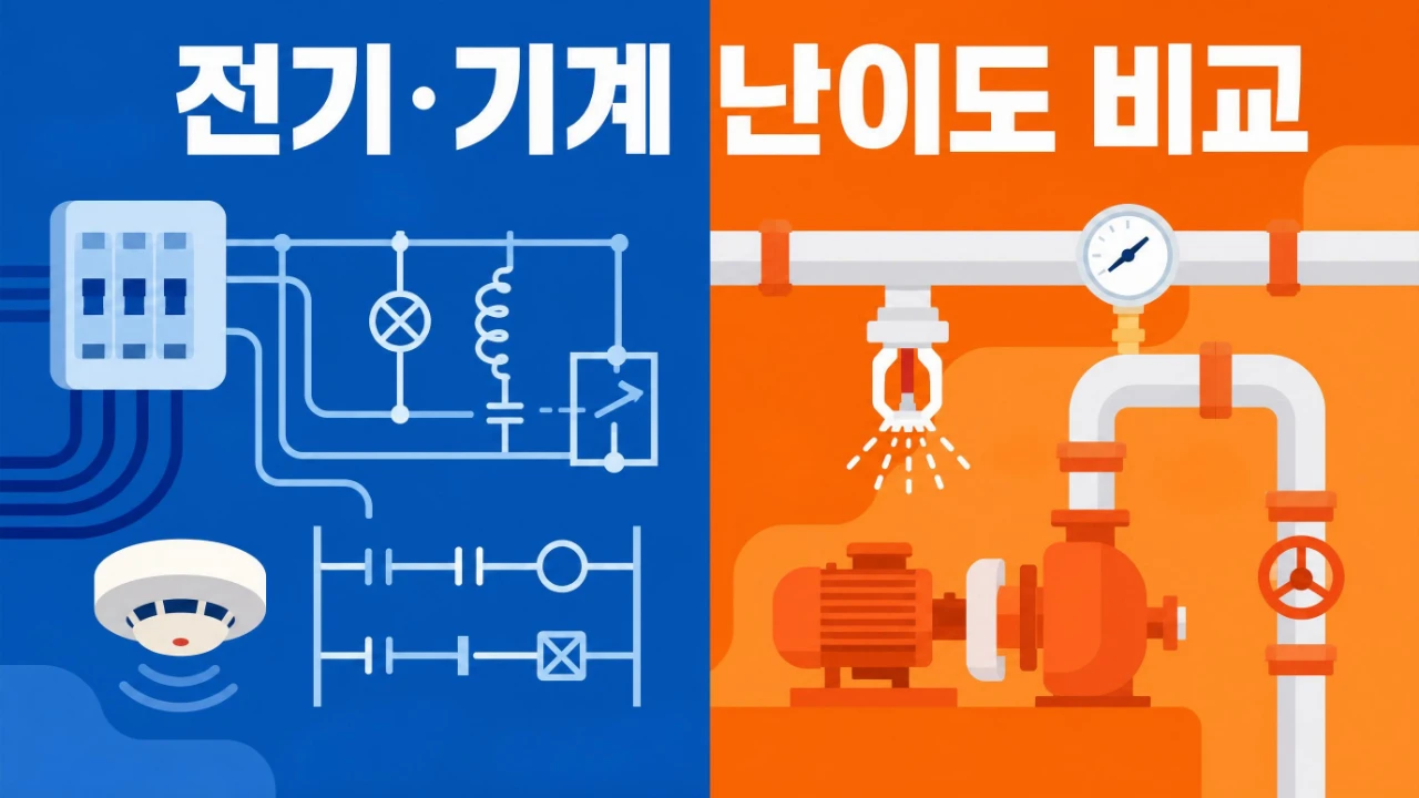 소방설비기사 전기분야의 회로와 기계분야의 배관 공부 요소를 비교한 이미지