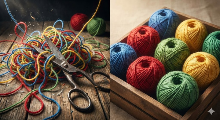 엉킨 실타래를 가위로 자르고, 정갈하게 정리된 실 뭉치 사진