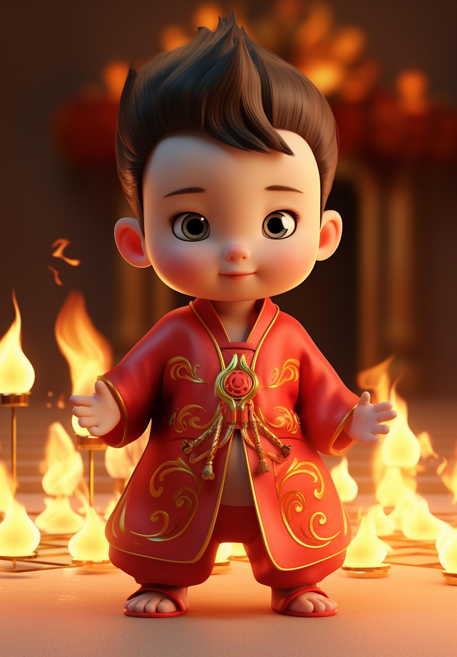 중국 음력설 붉은의상 입은 아이