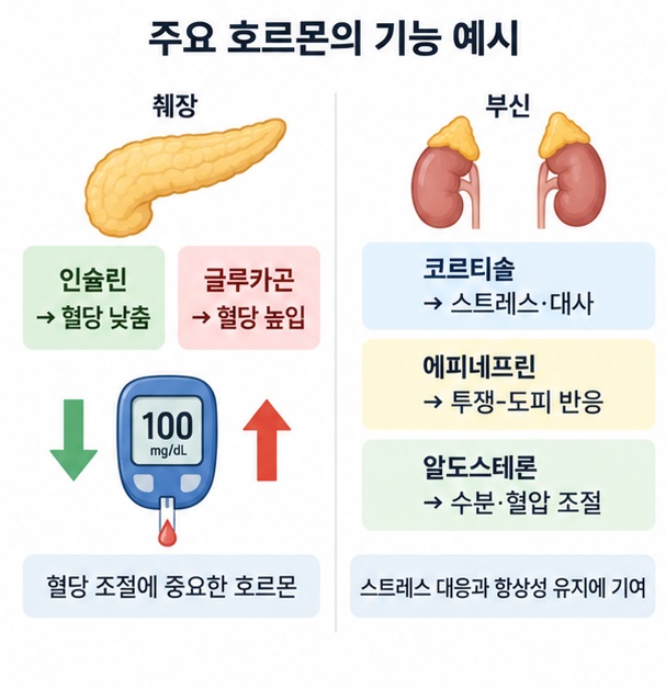 인슐린과 글루카곤, 코르티솔, 에피네프린, 알도스테론의 혈당과 스트레스 조절 기능을 설명하는 이미지