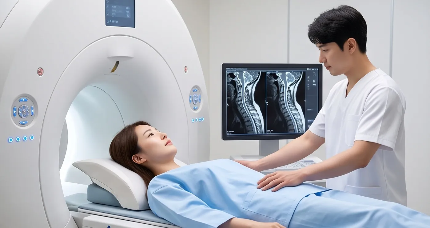 병원에서 의료진이 누워있는 환자의 정밀 검사(CT/MRI)를 진행하며 모니터 영상 화면을 확인하는 모습