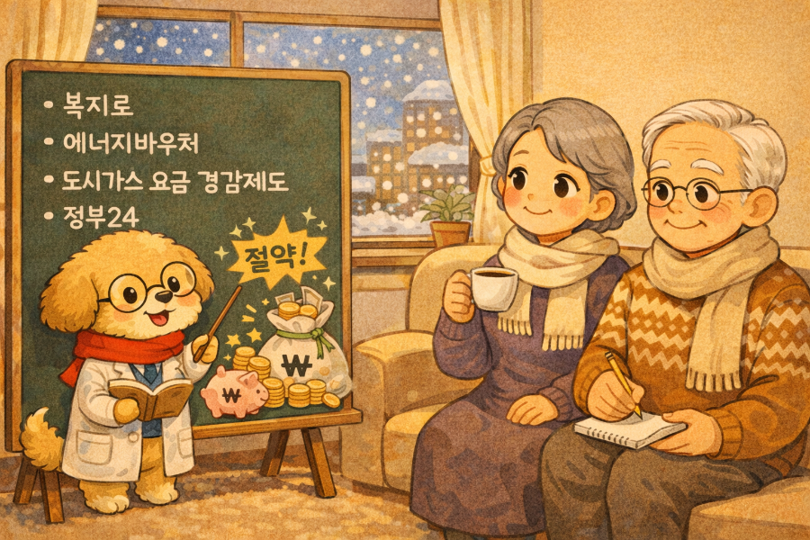 강아지선생님이 할머니,할아버지께 에너지바우처에 대해 설명하는 장면의 그림