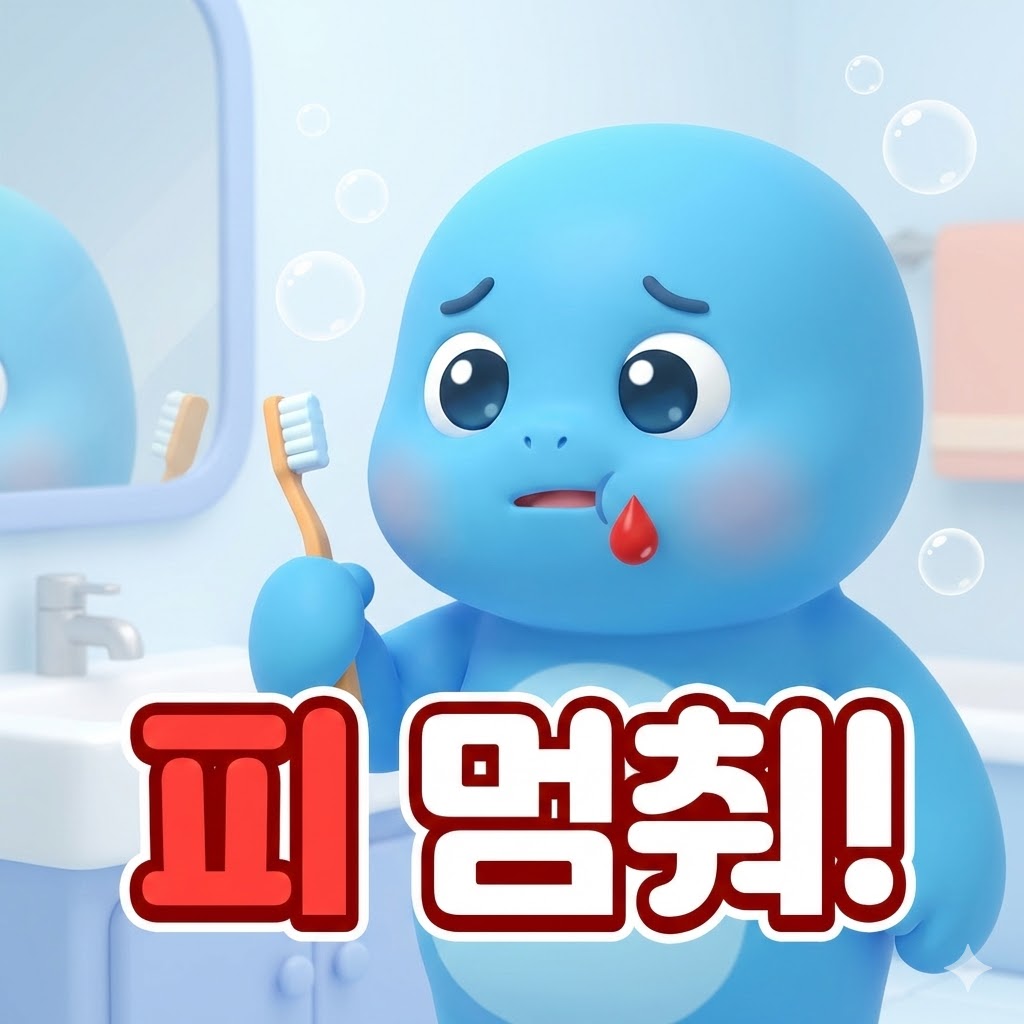 잇몸에서 피가 나는 것을 걱정하는 귀여운 캐릭터가 칫솔을 들고 있는 모습. '피 멈춰!'라는 문구가 시선을 끈다.