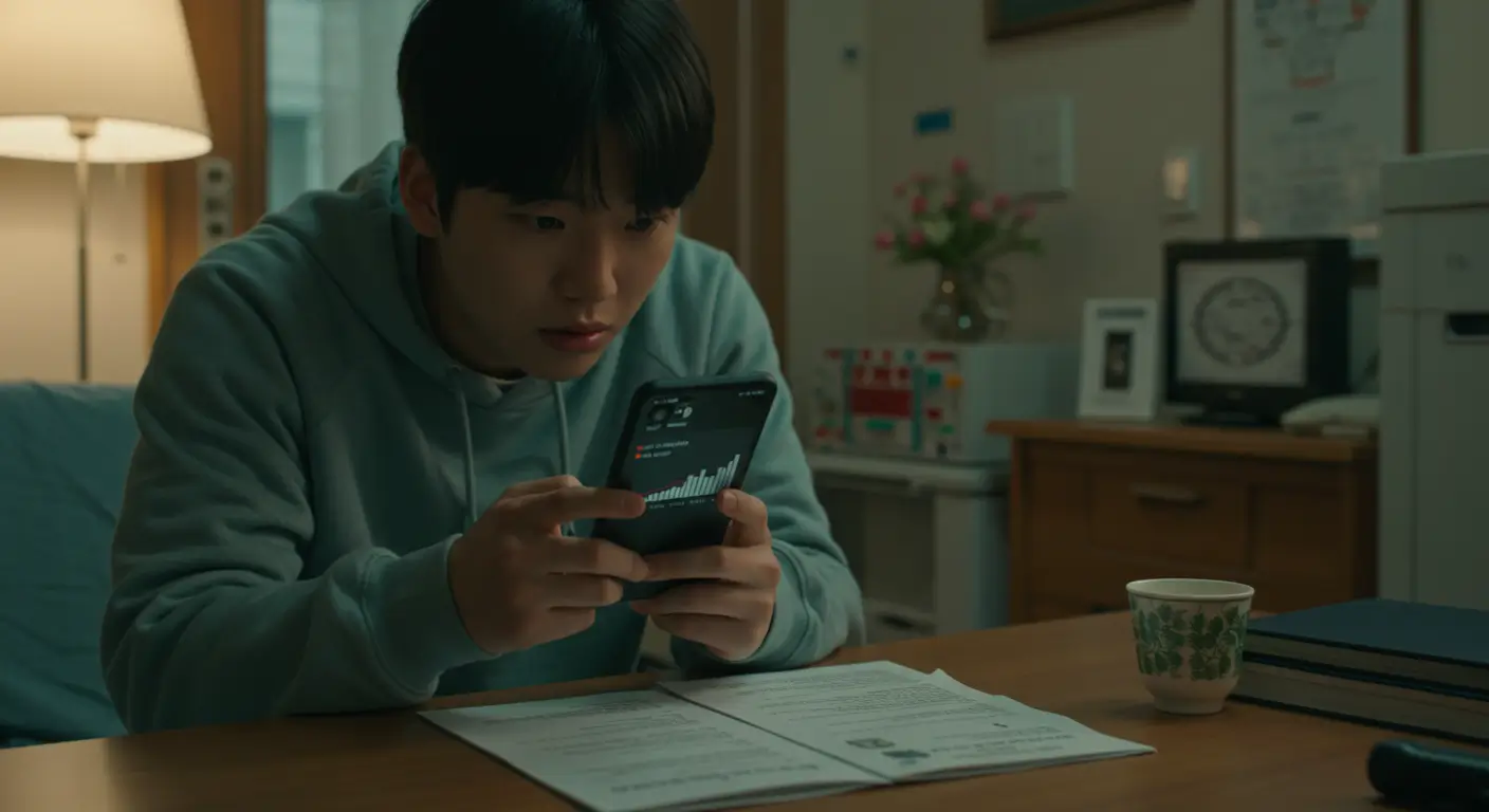 낮은 신용점수에 실망한 한국인 세입자가, 자신의 월세 계약서를 보며 보증금 대출의 희망을 발견하는 모습