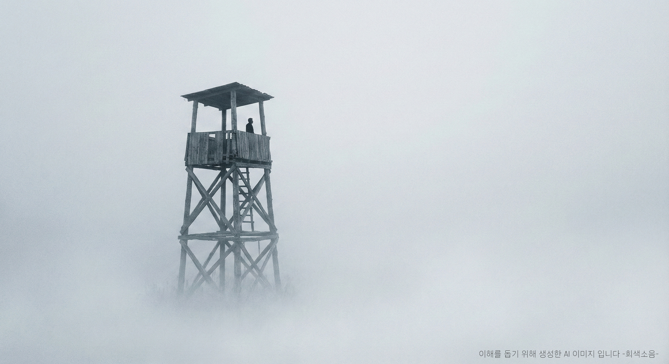 짙은 안개로 뒤덮인 광활한 황무지 속에서 낡은 감시탑 위에 한 사람이 실루엣으로 서 있는, 고요하고 고립된 분위기의 미니멀한 와이드 장면.
