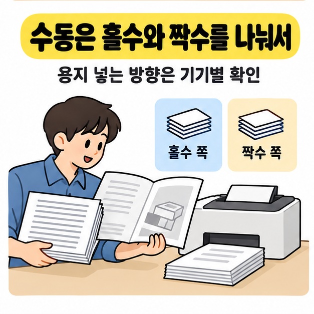수동은 홀수와 짝수를 나눠 인쇄하라는 안내 아래 남성이 출력물 묶음과 프린터 설명서를 살펴보는 모습