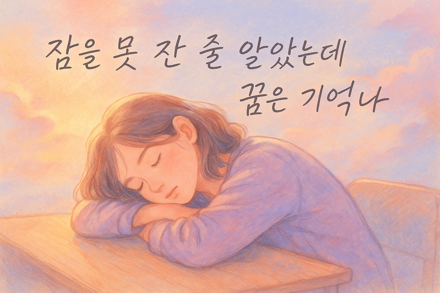 몽환적 파스텔톤에서 책상에 엎드려 잠든 여학생과 필기체 문구
