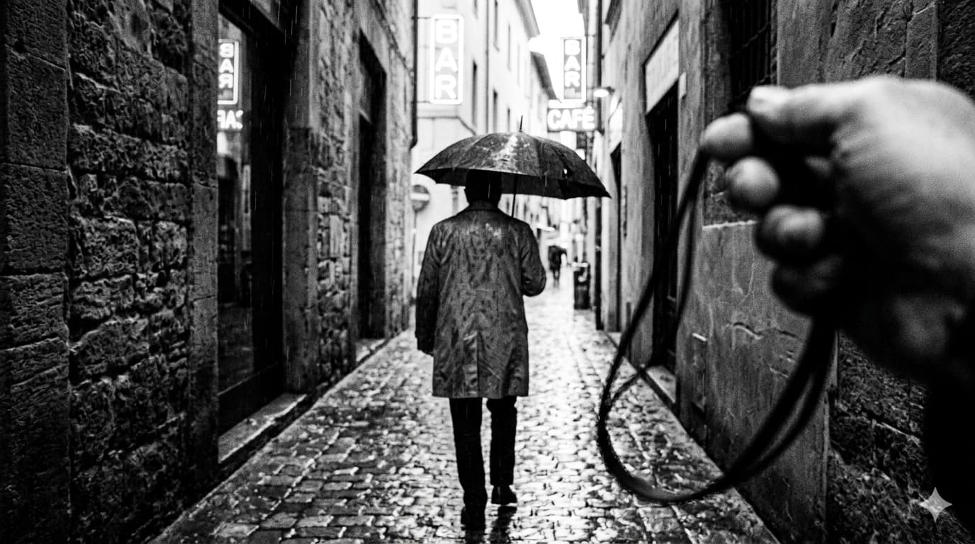리코 빈티지 디카 특유의 흑백 모드로 촬영된 비 내리는 유럽 거리와 우산을 쓴 인물의 실루엣, 거친 필름 그레인 질감 표현.