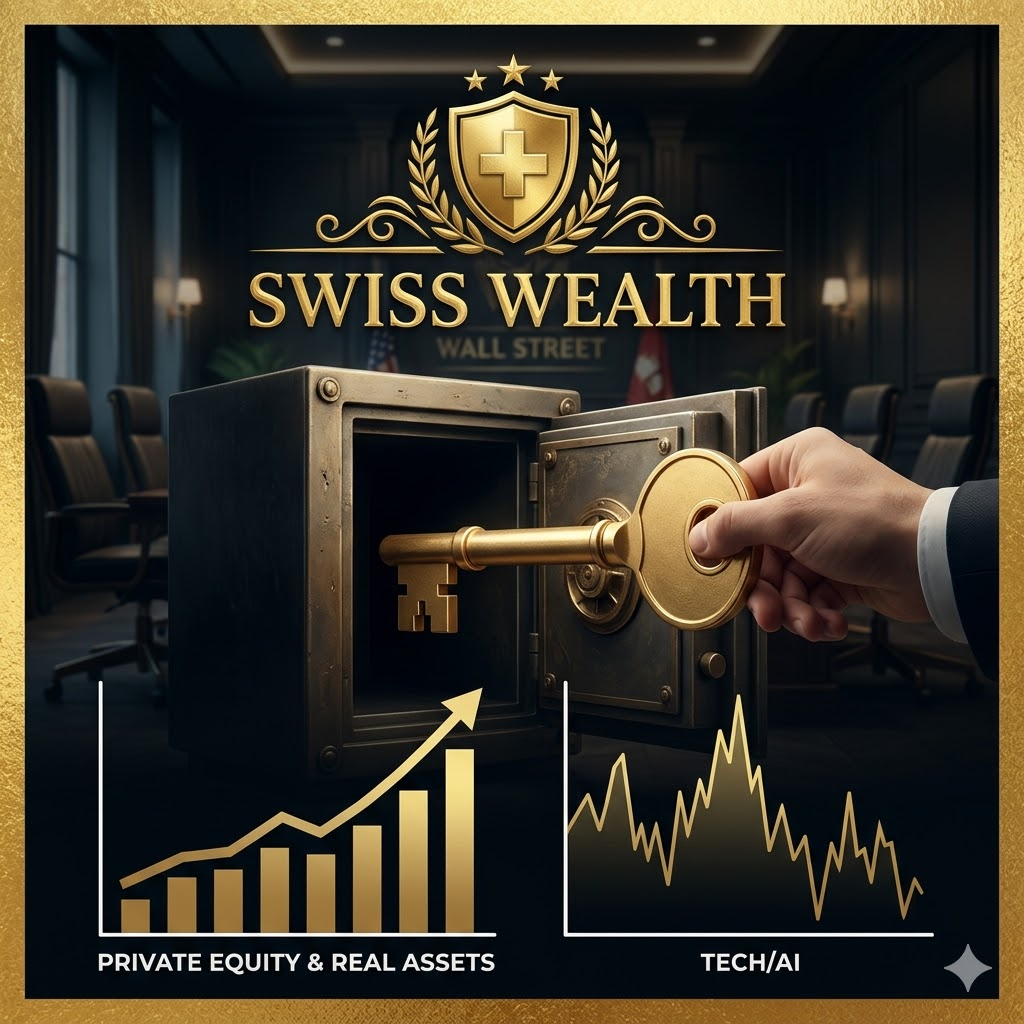 A prestigious gold-embossed Swiss Wealth branding emblem set against a dimly lit, sophisticated Wall Street boardroom, where a golden key is being placed into a heavy antique safe. A graph shows an upward trend labeled "PRIVATE EQUITY &amp; REAL ASSETS" contrasting with volatile "TECH/AI" data, symbolizing secure insider investment and global Asset Defense strategy.