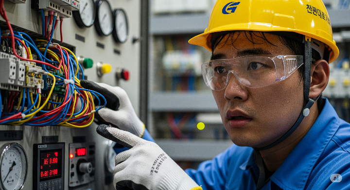 한 명의 한국인 남성 작업자가 전기가 흐르는 복잡한 전선 앞에서 긴장한 표정으로 서 있는 모습.