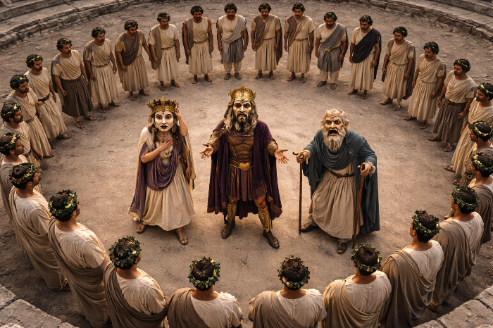 비극 공연 중인 그리스 배우들과 코로스의 협연 장면