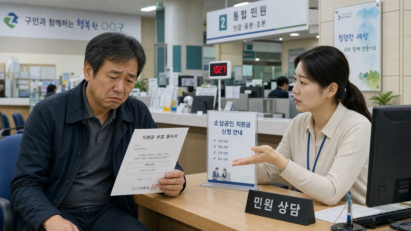 한국의 구청 민원실에서 지원금 부결 통지서를 쥐고 허탈해하는 50대 남성 자영업자와 안내하는 공무원의 모습