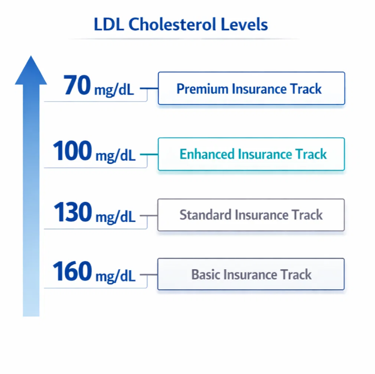 LDL 콜레스테롤 160&middot;130&middot;100&middot;70 mg/dL 기준에 따른 건강보험 적용 트랙 비교 도표