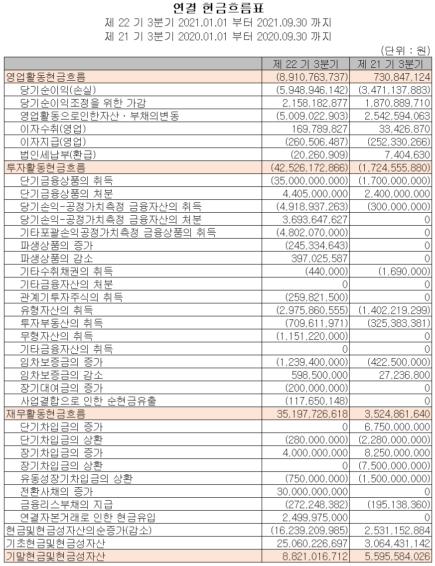 바이브컴퍼니 2021년 3분기 현금흐름표