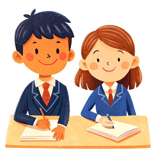 남색 교복을 입은 중학교 남학생과 여학생이 나란히 앉아서 책상 위에 책을 펼치고 공부하고 있다.