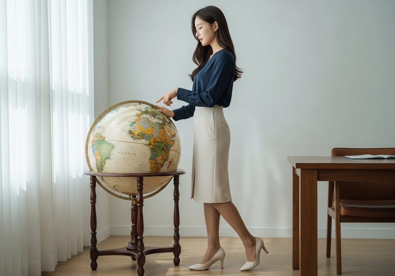 세련된 오피스에서 젊은 한국인 여성이 커다란 지구본을 보며, 미국 너머의 다른 대륙들을 신중하게 살펴보고 있다