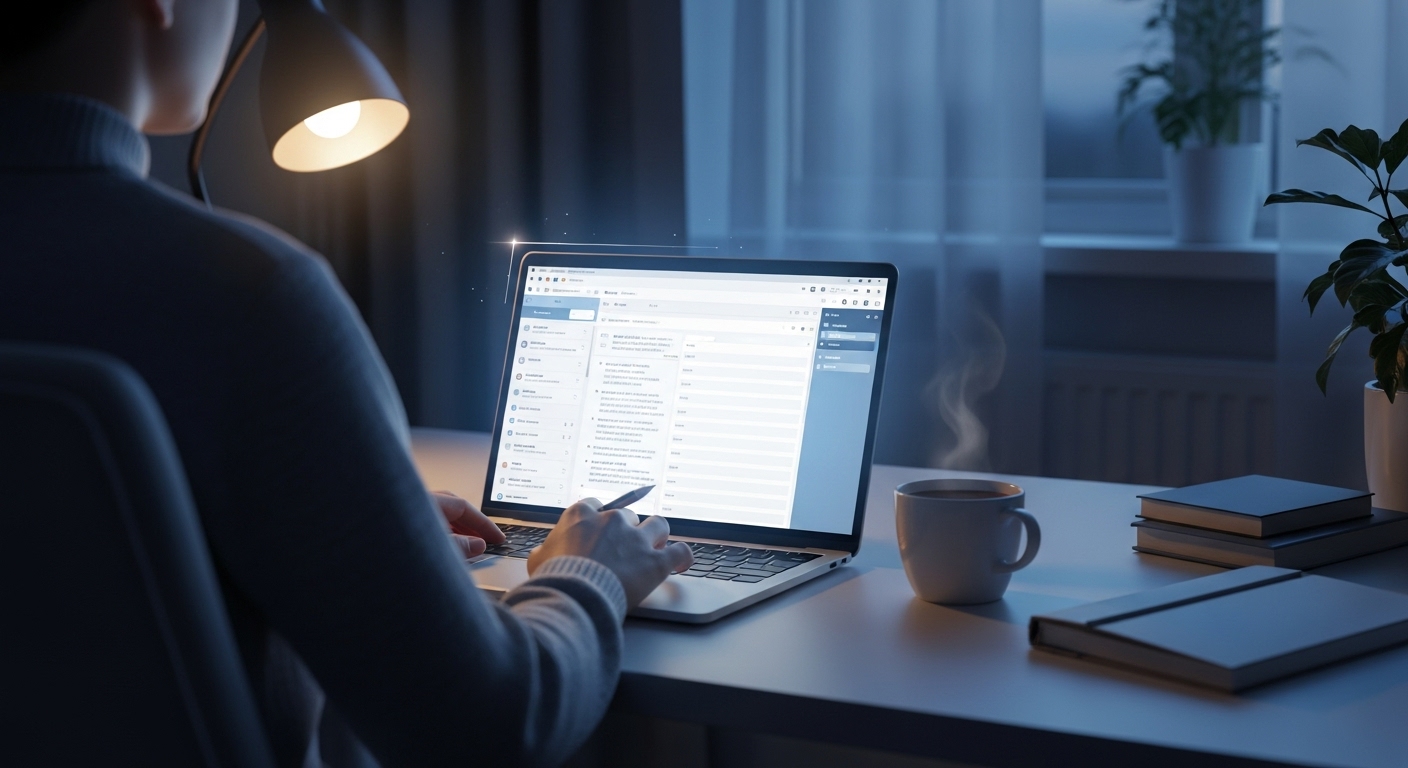 퇴근 후 아늑한 서재에서 노트북으로 글쓰기 강의를 들으며 전자책을 준비하는 사람의 모습.