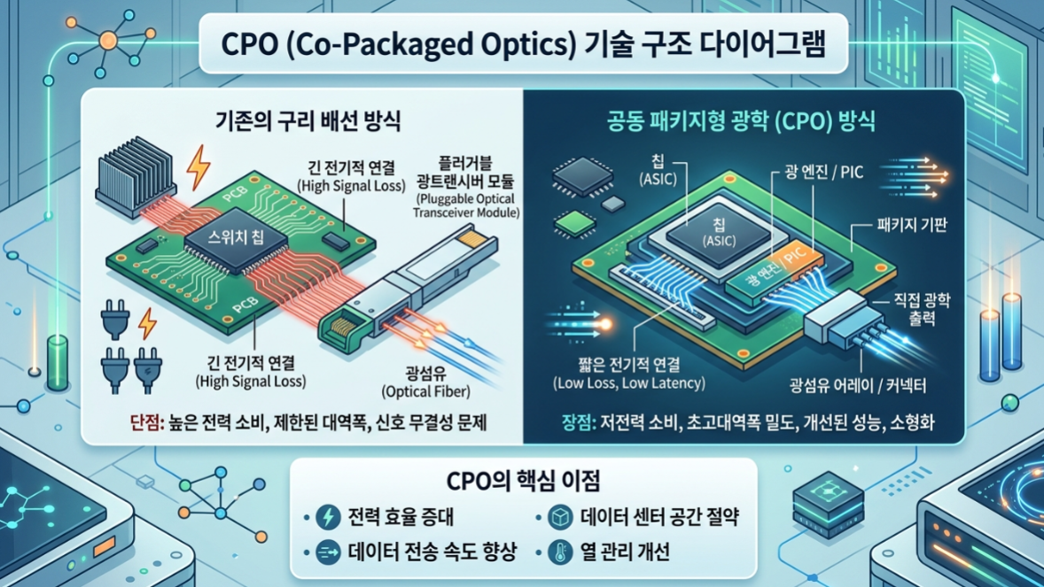 성호전자 주가 전망 관련 이미지(CPO(Co-Packaged Optics) 기술 구조 다이어그램 &mdash; 반도체 칩과 광학 엔진이 하나의 패키지 기판 위에 집적된 구조를 나타내는 인포그래픽)