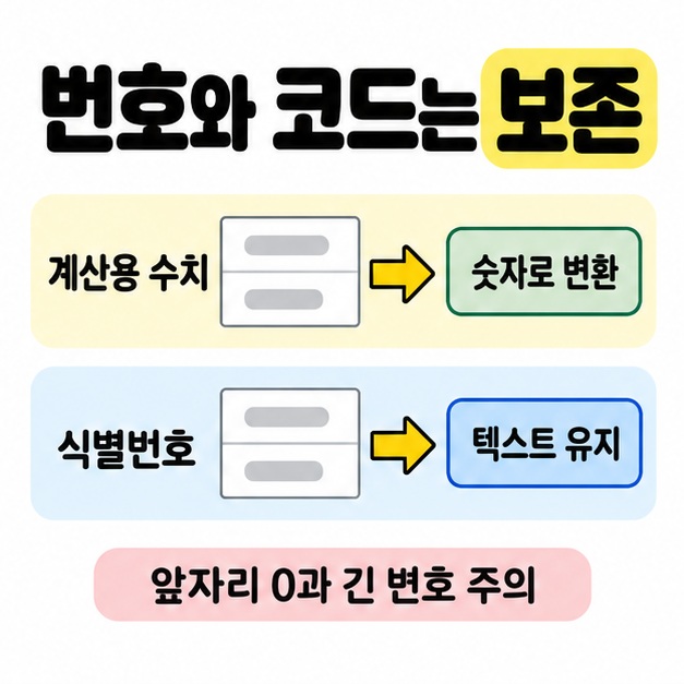 계산용 수치는 숫자로 변환하고 식별번호는 텍스트로 유지하는 두 줄의 비교와 앞자리 0과 긴 번호 주의 문구를 배치한 그림